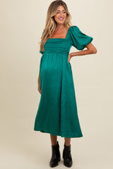 Emerald Green Satin Pleated Bodice Puff Sleeve Maternity Midi Dress