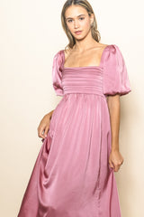 Mauve Satin Pleated Bodice Puff Sleeve Midi Dress