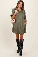 Olive Braided Trim Detail Button Down Dress