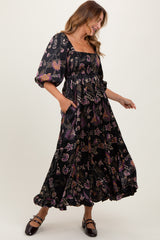 Black Floral Smocked Ruffled Hem Maxi Dress