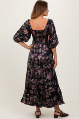 Black Floral Smocked Ruffled Hem Maxi Dress