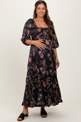 Black Floral Smocked Ruffled Hem Maternity Maxi Dress