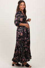 Black Floral Smocked Ruffled Hem Maternity Maxi Dress