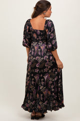 Black Floral Smocked Ruffled Hem Maternity Maxi Dress