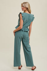 Green Ruffle Relaxed Crop Top And Pants Set