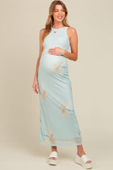 Light Blue Floral Mesh Overlay Maternity Midi Dress