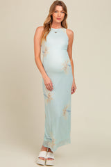 Light Blue Floral Mesh Overlay Maternity Midi Dress