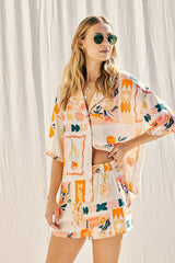 Apricot Printed Shirt Top And Shorts Set