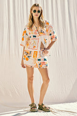 Apricot Printed Shirt Top And Shorts Set