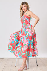 Red Multi Floral Print Tiered Midi Dress