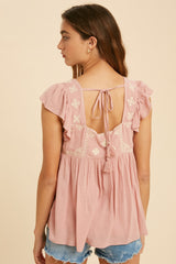 Dusty Rose Embroidered Square Neck Babydoll Top