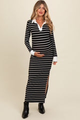 Black Striped Collared Long Sleeve Maternity Midi Dress