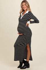 Black Striped Collared Long Sleeve Maternity Midi Dress