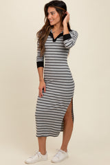 Heather Grey Striped Collared Long Sleeve Maternity Midi Dress