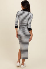 Heather Grey Striped Collared Long Sleeve Midi Dress