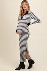 Heather Grey Striped Collared Long Sleeve Maternity Midi Dress