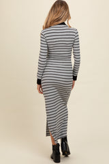 Heather Grey Striped Collared Long Sleeve Maternity Midi Dress