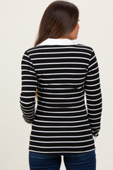 Black Striped Ribbed Collared Long Sleeve Maternity Top