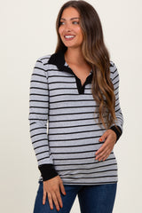 Heather Grey Striped Ribbed Collared Long Sleeve Maternity Top