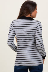 Heather Grey Striped Ribbed Collared Long Sleeve Maternity Top