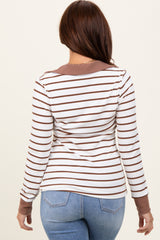 White Striped Ribbed Collared Long Sleeve Top