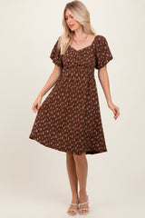 Brown Floral Smocked Sweetheart Dress