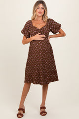 Brown Floral Smocked Sweetheart Maternity Dress