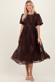 Brown Floral Embroidered Mesh Overlay Smocked Midi Dress