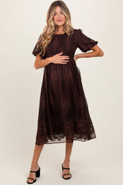 Brown Floral Embroidered Mesh Overlay Smocked Maternity Midi Dress