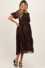 Brown Floral Embroidered Mesh Overlay Smocked Maternity Midi Dress