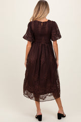 Brown Floral Embroidered Mesh Overlay Smocked Maternity Midi Dress