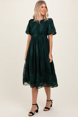 Forest Green Floral Lace Smocked Midi Dress