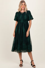 Forest Green Floral Lace Smocked Midi Dress