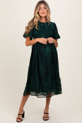 Forest Green Floral Lace Smocked Maternity Midi Dress