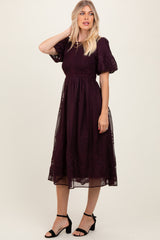 Plum Floral Lace Smocked Midi Dress