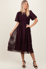 Plum Floral Lace Smocked Midi Dress