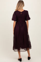 Plum Floral Lace Smocked Maternity Midi Dress