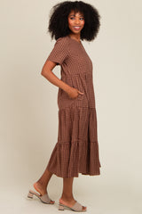 Mocha Gingham Tiered Midi Dress