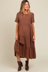 Mocha Gingham Tiered Maternity Midi Dress