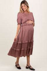 Mauve Satin Ruffle Trim Maternity Midi Dress