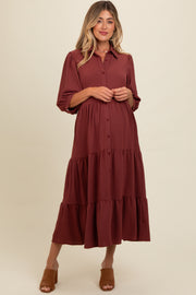 Brown Tiered Button Down Maternity Midi Dress