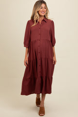 Brown Tiered Button Down Maternity Midi Dress