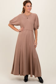 Taupe Puff Sleeve Basic Midi Dress