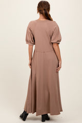 Taupe Puff Sleeve Basic Midi Dress