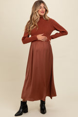 Brown Knit Contrast Top Satin Maternity Midi Dress