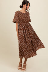 Brown Floral Smocked Midi Dress