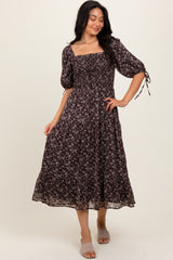 Dark Brown Floral Smocked Sleeve Tie Maternity Midi Dress