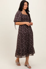 Dark Brown Floral Smocked Sleeve Tie Midi Dress