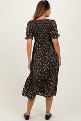 Black Floral Print Smocked Ruffle Hem Midi Dress