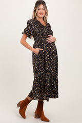 Black Floral Print Smocked Ruffle Hem Maternity Midi Dress